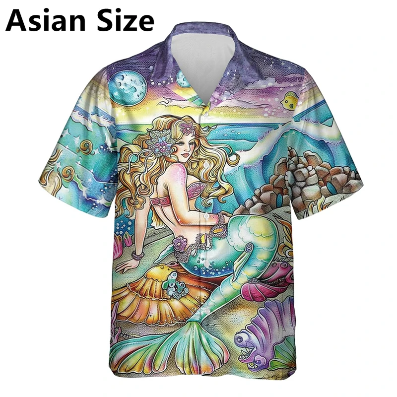 Beautiful Mermaid Graphic Shirts For Men Fashion Summer Short Sleeve Lapel Button 3D Printed Kids Shirts Casual Harajuku Blouse