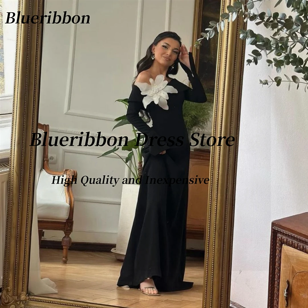 Blueribbon Boat Neck Black Prom Dresses with Big Flower Long Sleeves Evening Gowns Zipper Back Celebrity Holiday Party Dress