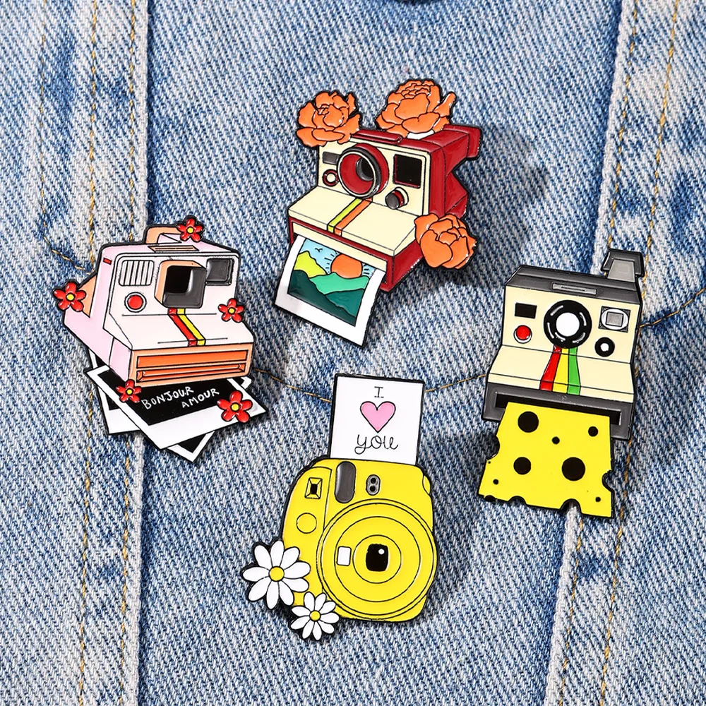 Vintage Camera Enamel Pins Cute Flower Cheese Metal Brooches Lapel Pin Badge DIY Decor for Backpack Jacket Hat Jewelry Gifts
