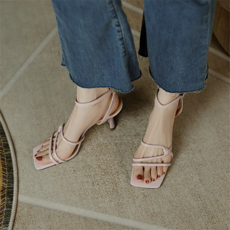 New Summer Sandals Cow Leather Sandals Casual French Square Toe High Heels Sandals for Women Zapatos De Mujer Handmade Stiletto