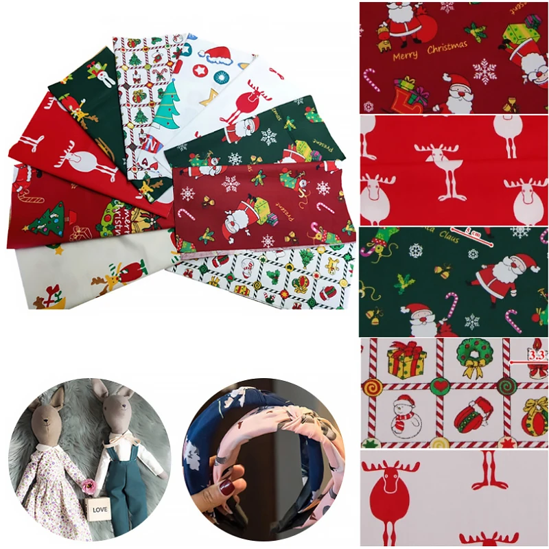 8Pcs 25cm Christmas Series Cotton Fabric Santa Claus Elk Xmas Tree Printed Patchwork Cloth Handmade Sewing Quilting Materials