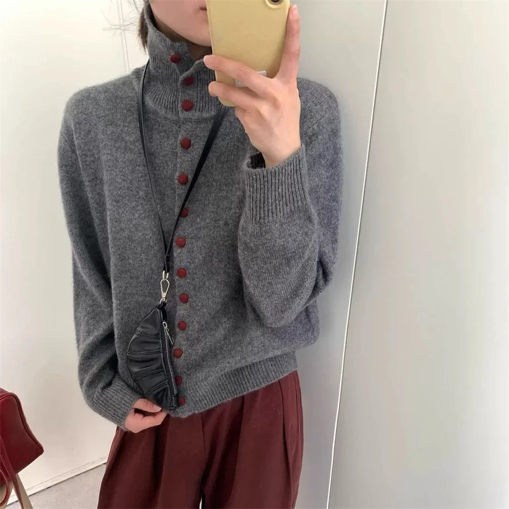 Korean Style High Collar Loose Knitted Sweater Single Button Soft Comfortable Fashion Design Women's Cardigan Sweater Clothes