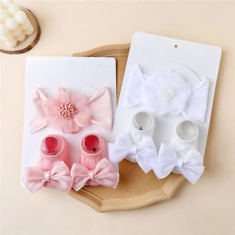 

Baby Headband Socks Set Soft Nylon Hairband Newborn Girl Elastic Floral Turban Short Sock Infant Headwear
