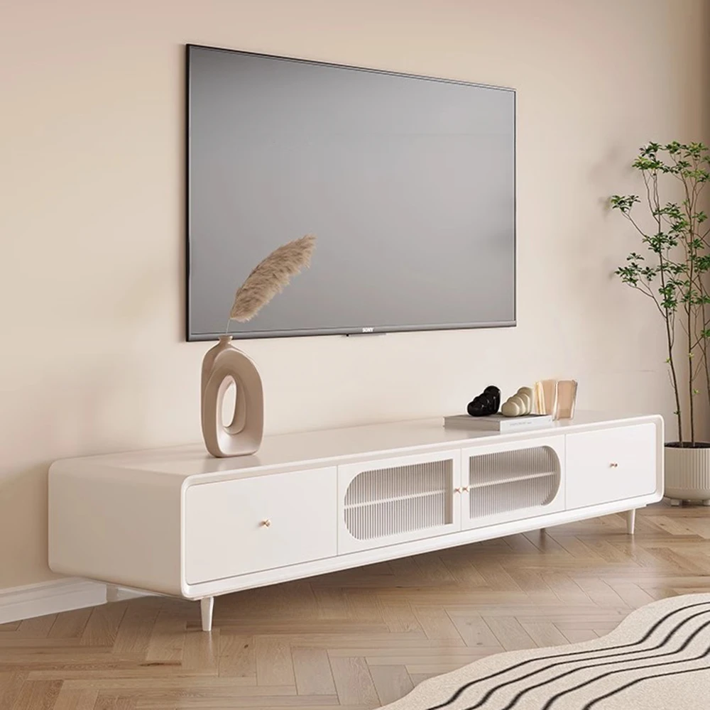 Ransform TV Living Space With Our Modern Glass Doors Bedroom TV Stand Featuring Vertical White Drawers Stylish Home FurnitureT