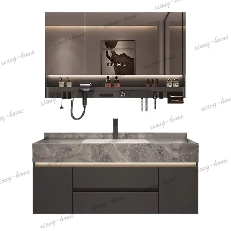 PG Bathroom Cabinet Rock Slab Seamless Ceramic Basin Bathroom Vanity Combo Multi-functional Storage Drawers Washbasin Cabinet
