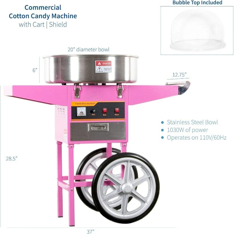 Pink Electric Commercial Cotton Candy Machine or Candy Floss Maker Mobile Cart with Bubble Shield and Easy for Simple Cleaning