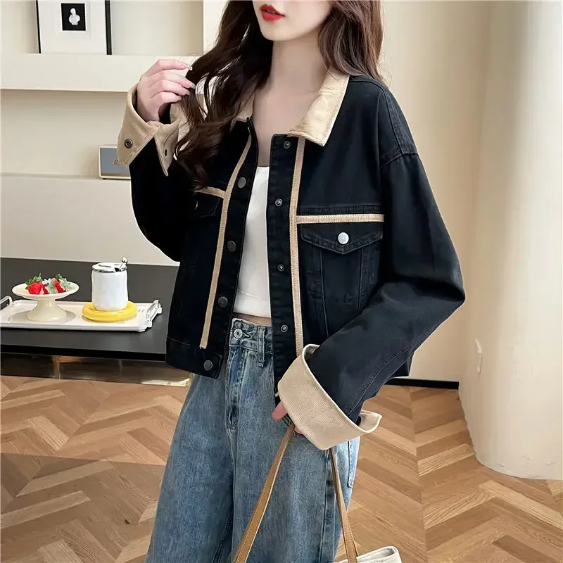 

Patchwork Blue Small Spring Autumn Denim Jacket for Women Short Crop Woman Jean Coat Streetwear Korean Outer