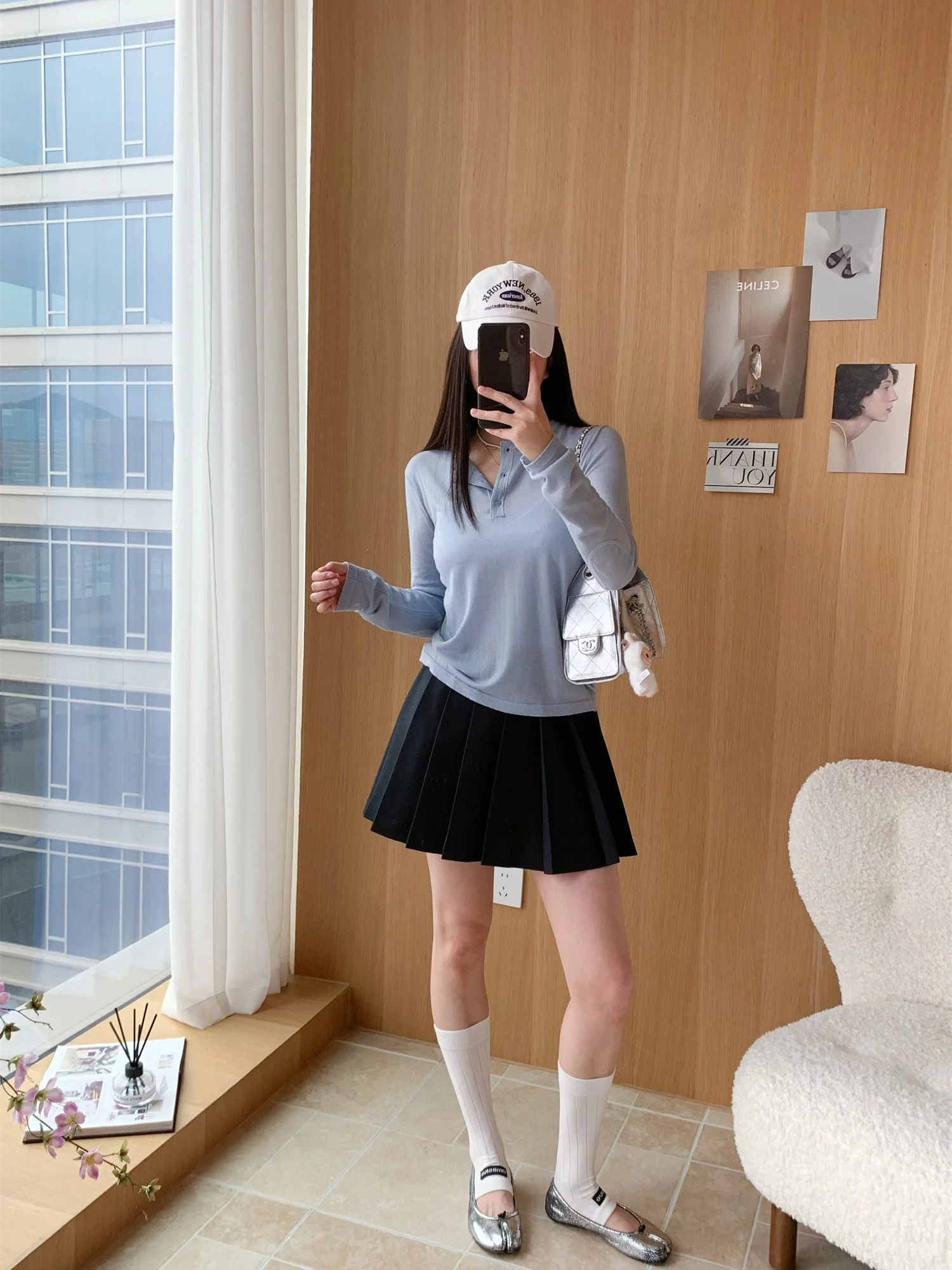 

Stunning Blue Knitted Sweater Thin Cashmere Henry Collar Three Buttons Beautiful Casual Style Women's Long Sleeve Knitted Top
