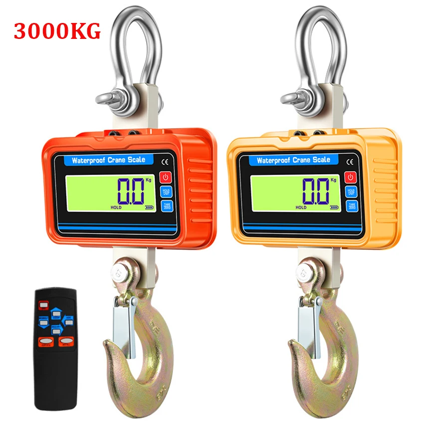 

3000KG Electronic Hanging Scale Waterproof Crane Scales Remote Control Heavy Duty Alloy Steel Hook Weighing Tools 3T LCD Display