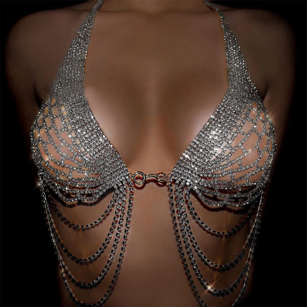 2021 New Design Fashion Shiny Rhinestone Multilayer Tassel Body Chain Sexy Bra Thong Chain Set Jewelry Set Crystal Harness