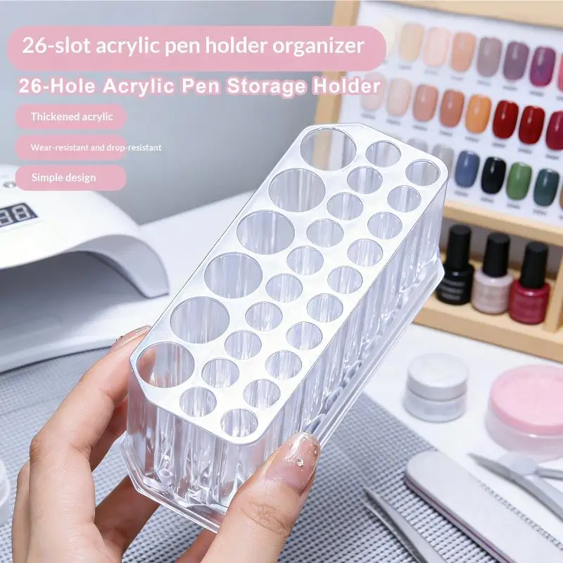 26 Holes Acrylic Nail Brushes Organizer Nail Art Kit Storage Tools Makeup Cosmetics Pen Display Case Holder Holder Showing Shel