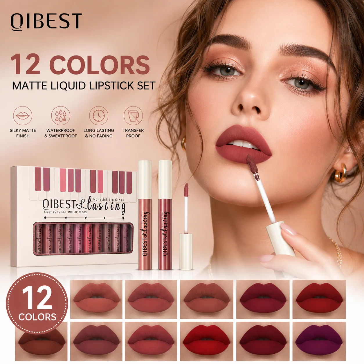 QIBEST Set de 12 Labiales Líquidos Mate, Resistentes al Agua y a la Transferencia, de Larga Duración, Efecto Terciopelo, No Resecan, Kit de Maquillaje Labial