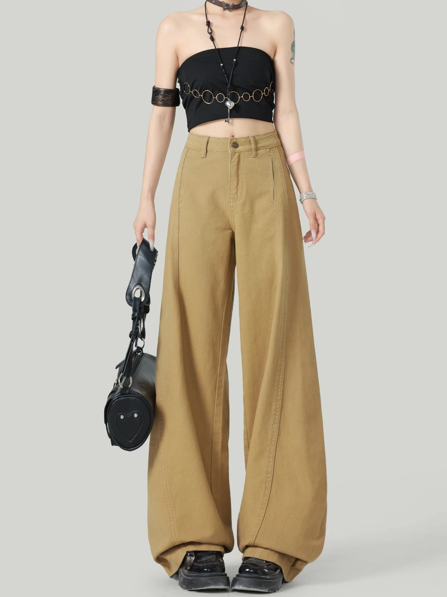 

Ретро джинсы женские цвета хаки с высокой талией, прямые, свободные, широкие, в пол, с эффектом стройности, осенняя новинка