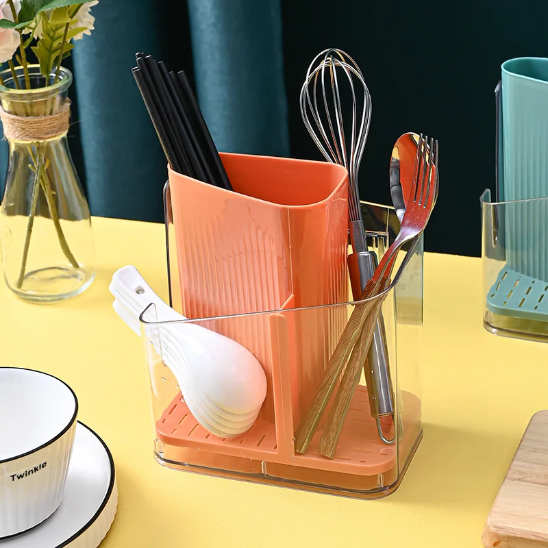 

Household transparent drain chopstick holder kitchen countertop tableware storage box punch-free dual-purpose wall mount