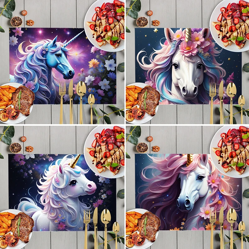 Fantasy Unicorn Flower Print Table Mats Linen Coffee Coaster Placemat Home Decor Dish Non-slip Waterproof Computer Desk Pads