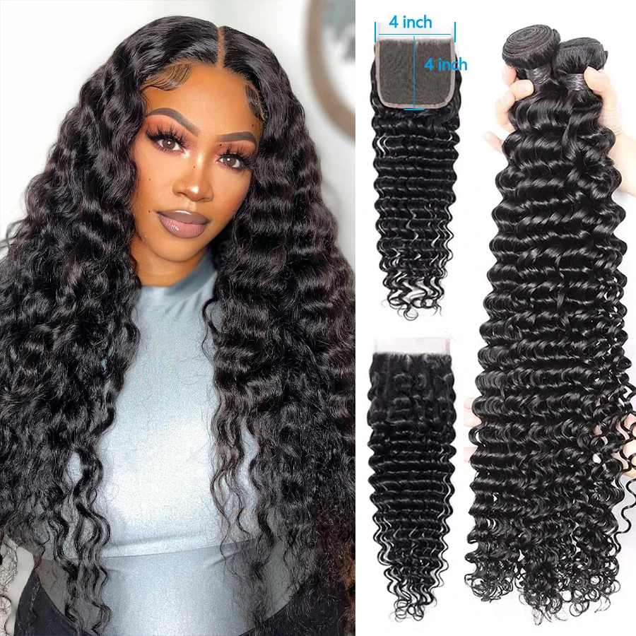 Deep Wave Human Hair Bundles With Closure 4x4 Lace Closure Brazilian Remy Wet and Wavy Bundles With Closure for Black Women