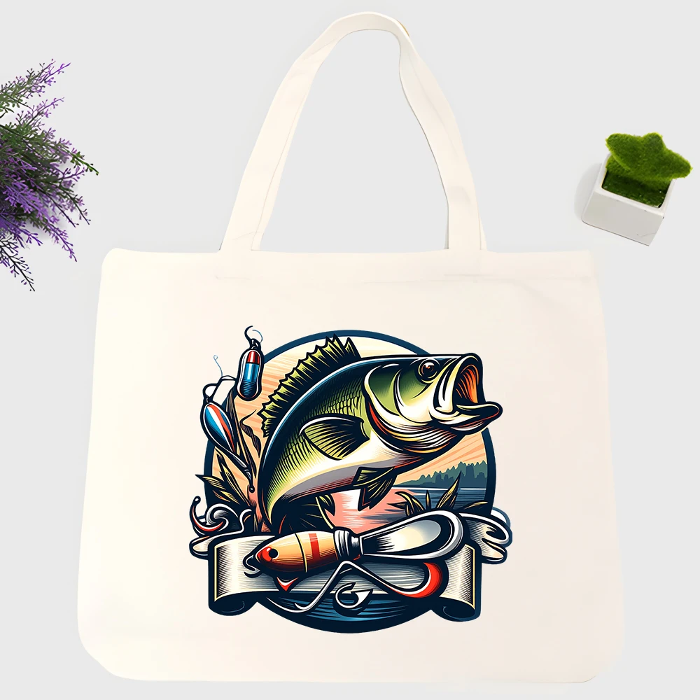 Fishing enthusiasts' canvas tote bag with bass fish graphic, retro style for outdoor trips and weekend outings