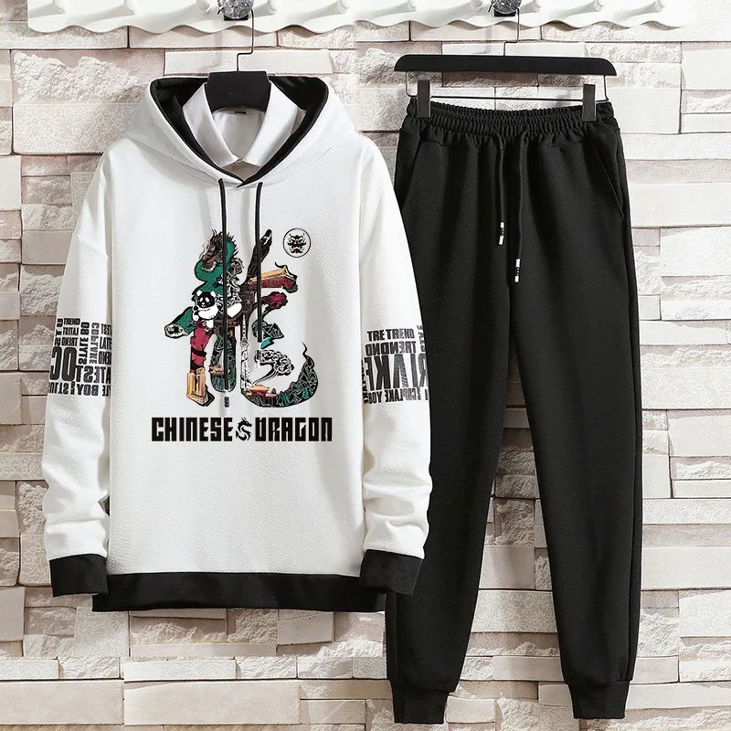 Sweatshirt Set with Men\'s Printed Chinese Characters, Casual Fashion Hoodie Set, Autumn New Style