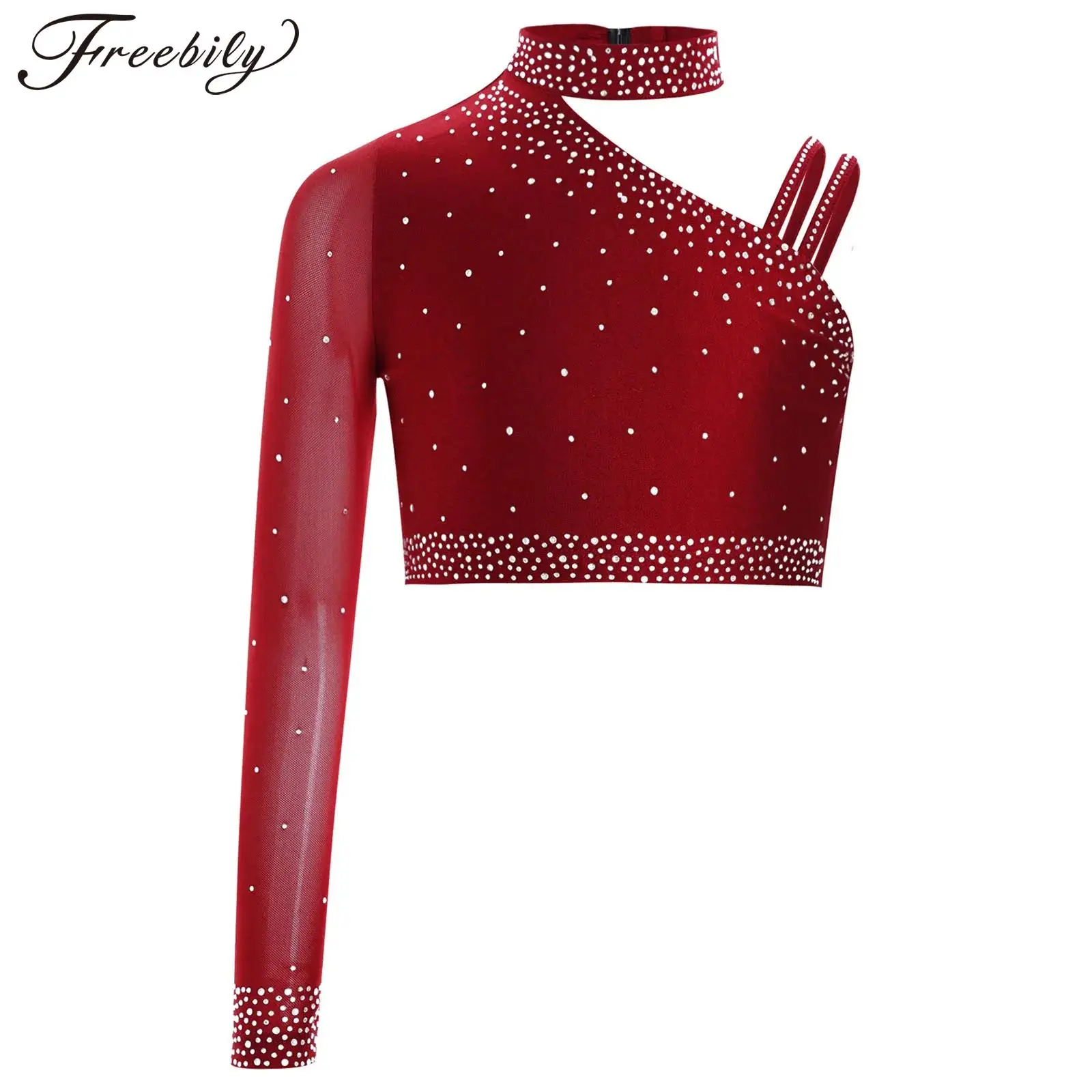 

Kids Girls Shiny Rhinestone Dance Top Long Sleeve One Shoulder Crop Top Latin Jazz Cheerleading Skating Performance Costume