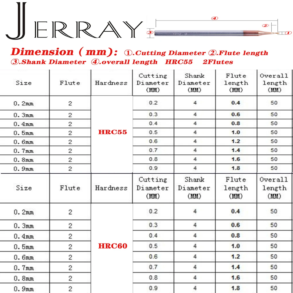 JERRAY-Molino de extremo plano de carburo, herramientas de corte CNC para metal, 2 flautas HRC55, D0.2, 0,3, 0,4, 0,5, 0,6, 0,7, 0,8, 0,9mm