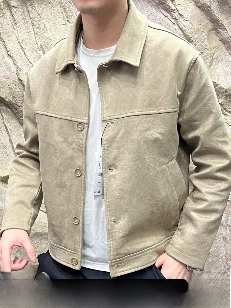 

Suede Fabric Men's Casual Jaet Retro Collar Long Sve Pure Color Autumn Outerwear Trendy Youth Polyester Fiber 00%