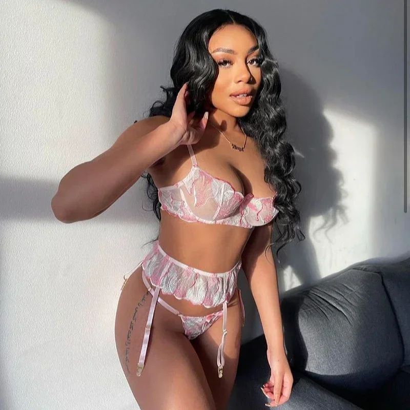 3 peça conjunto lingerie ultra sexy adulto bens traje renda bordado flor rosa sexy sutiã calcinha conjunto com liga cinto espartilho mujer