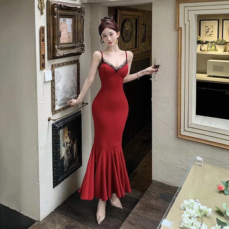 الرغبة النقية مثير الدانتيل الخامس الرقبة فستان بروتيل المرأة S ذيل السمكة فستان طويل