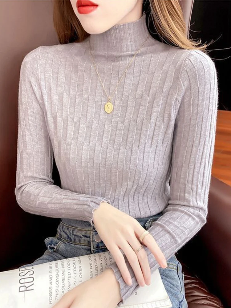 Autumn Winter Turtleneck Women\'s Sweaters Fashion Tiered Ribbed Female Pullovers Long Sleeve Sweater for Woman Casual Solid Tops