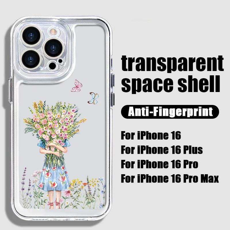 Girl Bouquet Flower Case For iPhone 15 Pro Max Coque iPhone 16 Pro Max 14 13 12 11 Shockproof Clear Silicone Soft Bumper Cover