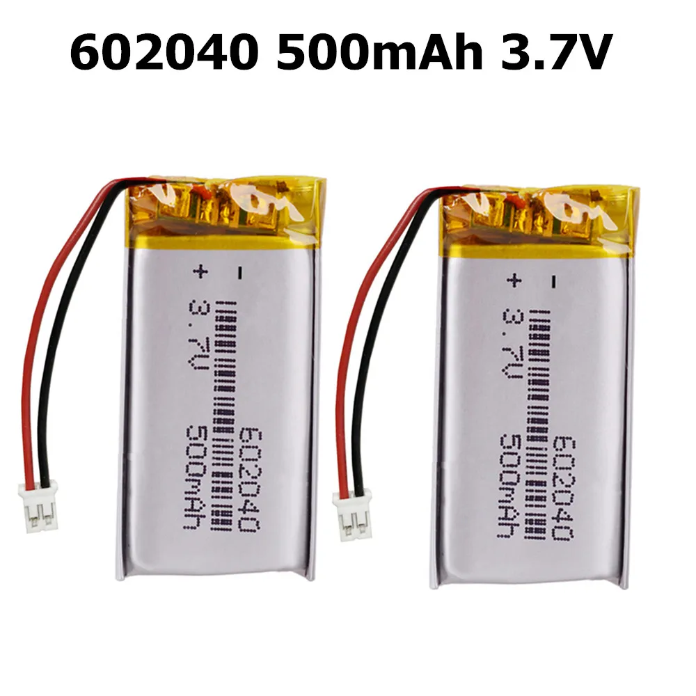 2 pezzi 602040   Batteria ricaricabile agli ioni di litio ai polimeri di litio da 3,7 V 500 mAh 2,0 mm per cuffie tachigrafo DVR per auto GPS MP3 MP4 MP5