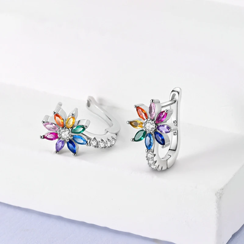New 925 Sterling Silver Hope Rainbow Flower French Ear Buckle CZ Zircon Earrings For Women Elegant Anniversary Jewelry Gifts