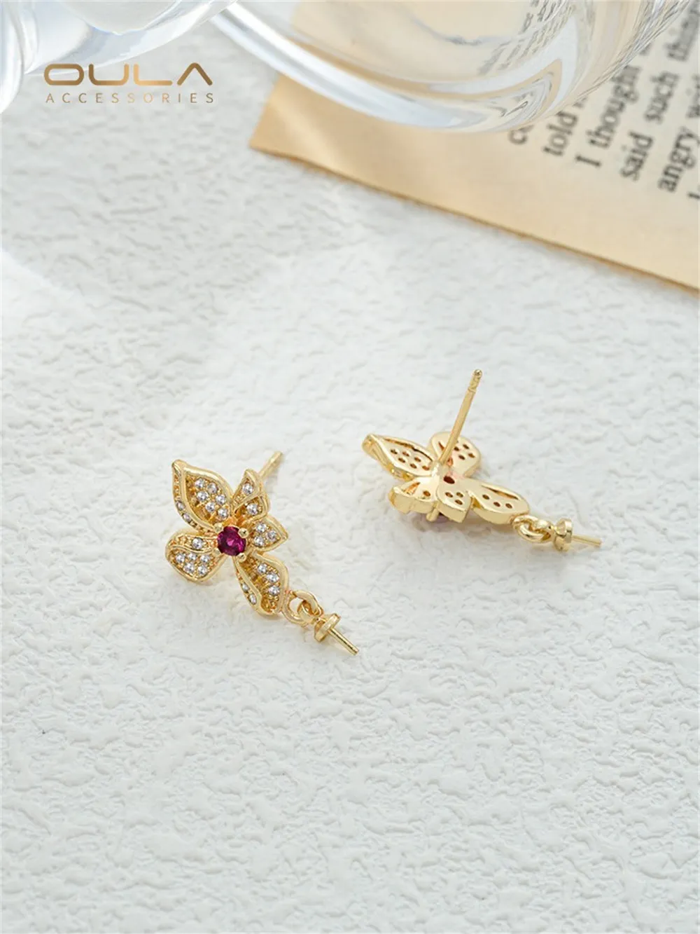 

14K Gold-plated Flower, Sheep Eye Bead, Ear Stud, Micro-inlaid Zircon, Diy Pearl Adhesive Handmade Earrings Accessory