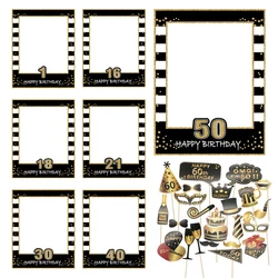 1Pcs Black Gold Paper Handheld Photo Frames 18 21 30 40 50 60 Years Old Adult Happy Birthday Party Anniversary Decor Supplies