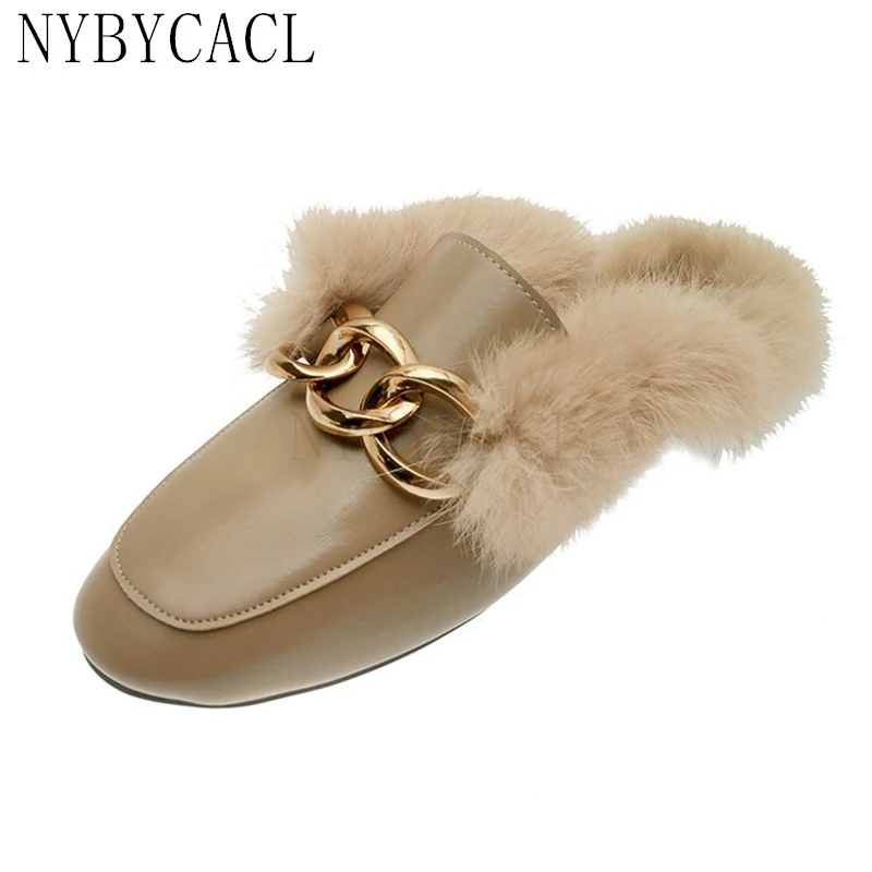 

2022 New Winter Fur Muller Shoes Woman Slippers Women Sexy Chain Ladies Round Toes Keep Warm Indoor Shoe Flattie Vulcanized Shoe