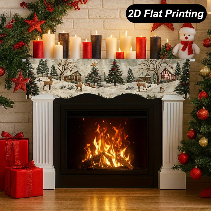 VIKAMA Christmas Fireplace Mantel Scarf Vintage Deer Cabin Mantel Topper Xmas Fireplace Shelf Cover Winter Home Indoor Decor