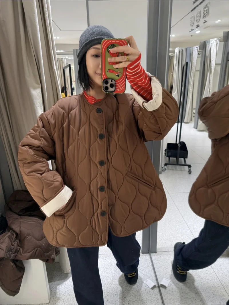 ETJ 2025  women's Autumn/winter new Maillard brown light quilted diamond jacket loose version of the round neck coat