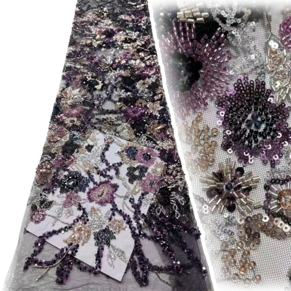 

African Sequins Pearls Lace Fabric 2026 High Quality French Heavy Beaded Tulle Lace Fabric Nigeria For Bridal Party Dress 1818