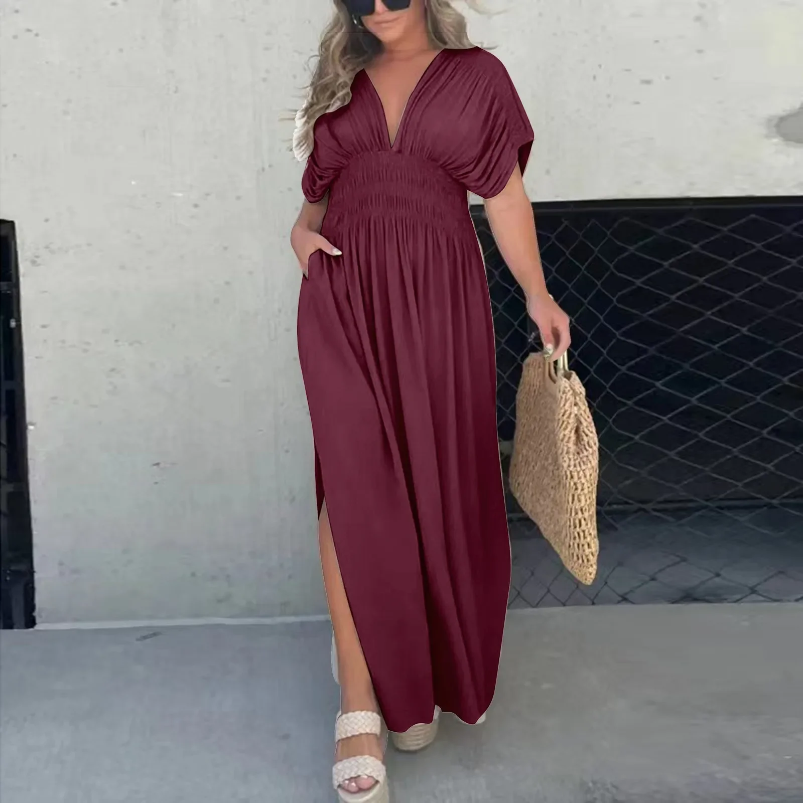 Summer Women A Line Dress High Elastic Waist Pleated Dresses Sexy African Split Elegant Sling Dresses New 2024 Vestidos