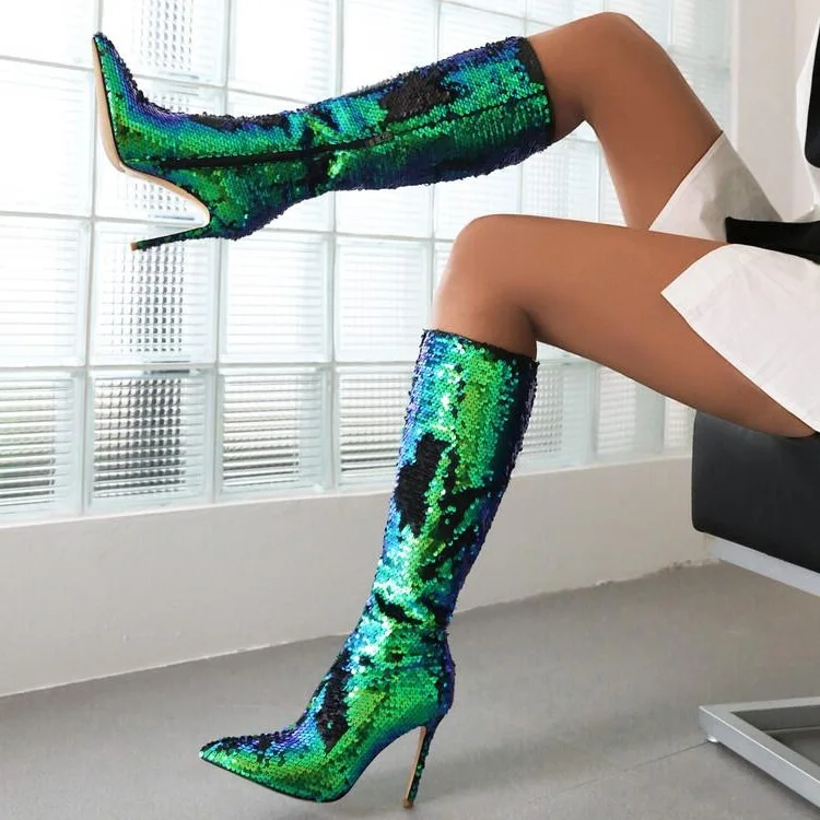 Peacock green Bling Bling Knee Boots Thin High Heels Pointed Toe woman Glitter Sequins Zipper side long Botas