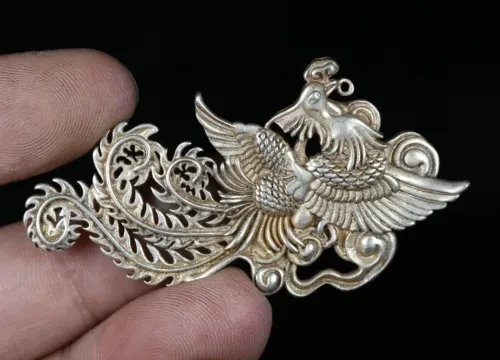 

6.5CM Old Chinese Miao Silver Feng Shui Phoenix God Bird Luck Amulet Pendant