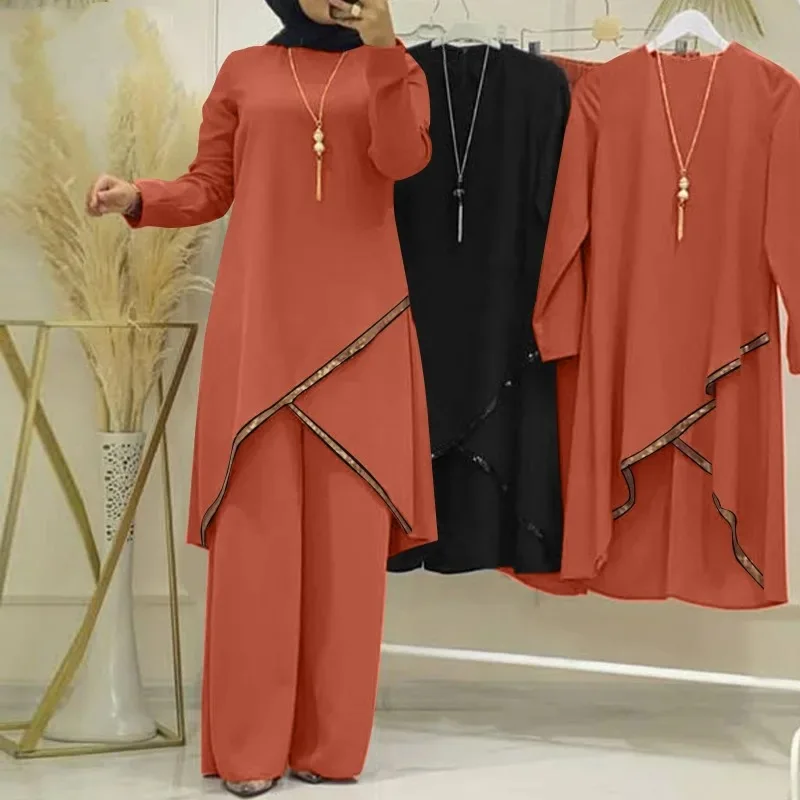 Feminino eid musulman conjunto muçulmano conjuntos blusas sólidas calças de perna larga ramadan marrocos duas peças dubai kaftan solto modesto