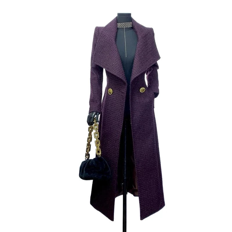 

Fall and Winter New Korean Version Coarse Woven Bright Silk Woolen Coat Angra Red Waist Strap-up Trench Coat Temperament Trench