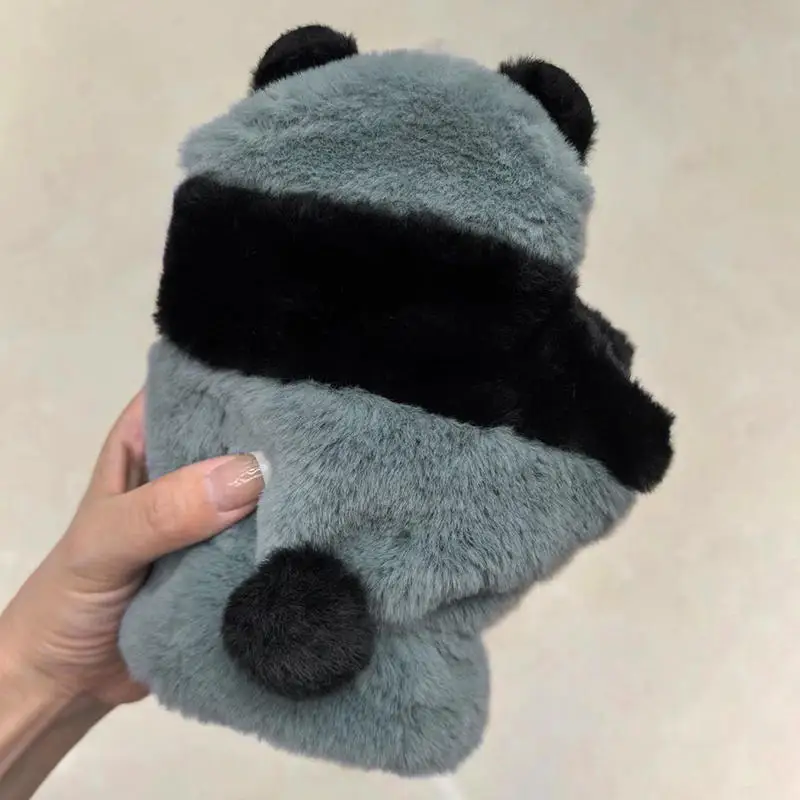 Winter Cartoon Panda Half-Finger Gloves Cute Fleece-lined Thicken Panda Black White Mittens Fashion Warm Windproof for Girl Boy