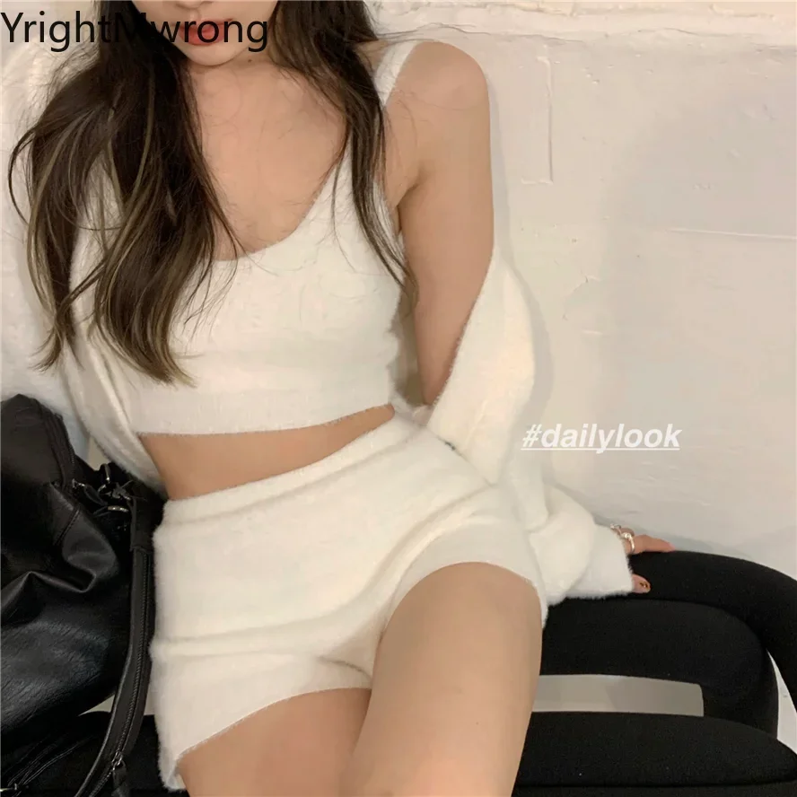 3 Piece Set Outfit + Strap Camis + Short Hotpant Women Suit Sexy Furry Sweater White Knit Jumper Button Coat Bodycon Fall Street