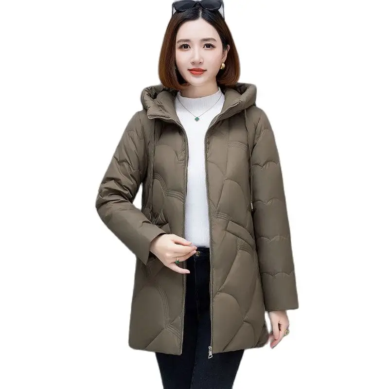 

Winter Mid-Long Down Cotton Jacket Women 2023 New Loose Hooded Coat Pure Colour Fashion Pocket Outerwear Parka Overcoat Female