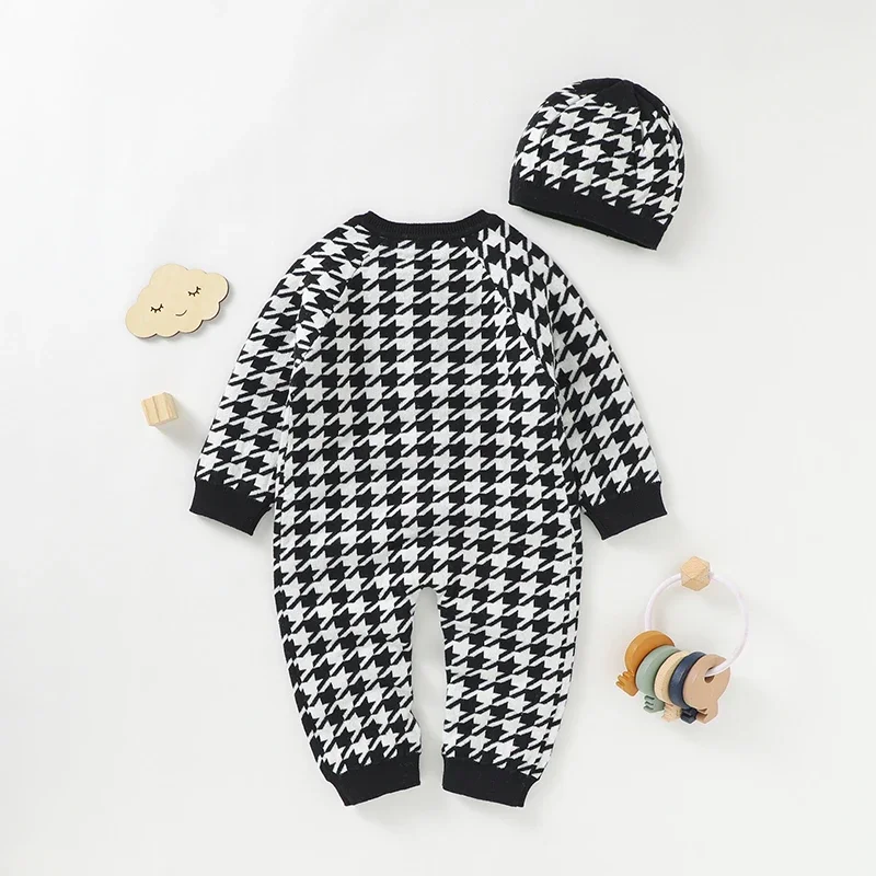 Baby Clothes Set Cotton Knit Infant Girl Boy Romper Long Sleeve +Blanket 100*80CM Newborn Jumpsuit +Quilt Houndstooth Soft Cover