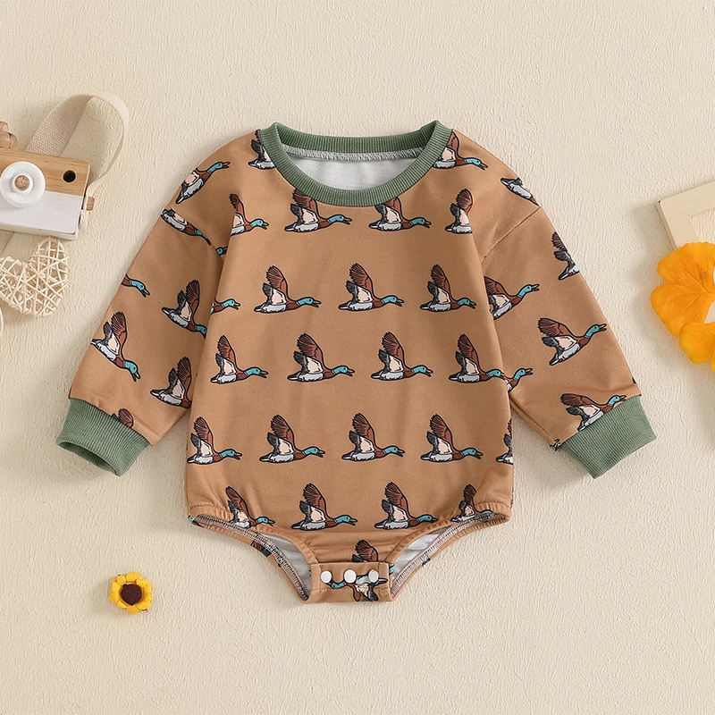 Baby Boys Sweatshirt Romper Duck Print Long Sleeve Round Neck Adorable Fall Jumpsuits