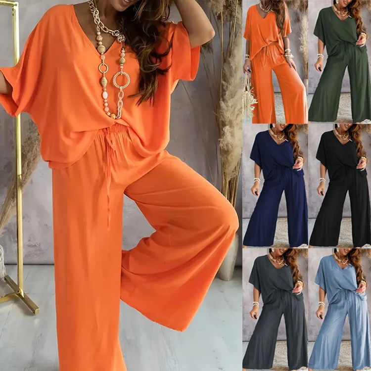 Cross-border Europe and the United States 2025V neck bat sleeve casual loose wide-leg pants suit women cw35769