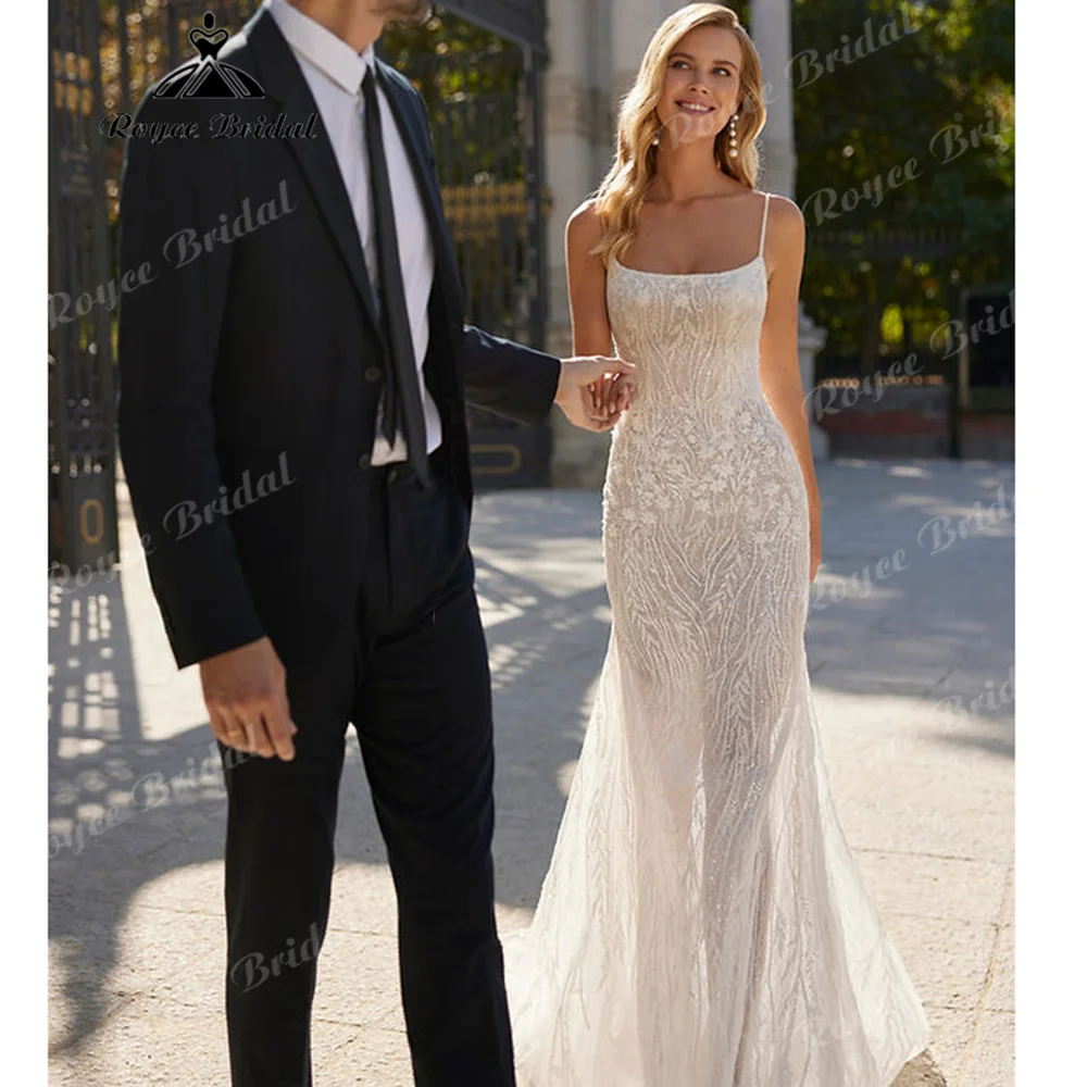 Vestido de Novia Sirena con Cuello Cuadrado, Tirantes con Cuentas, Encaje, Espalda Baja con Tirantes Cruzados, Cola Larga con Flecos, Personalizado