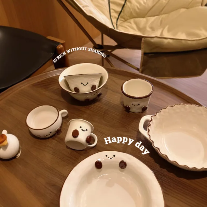 Tazón Mini Adorable de la Serie Granos de Cacao, Tazón Doble con Asa para Arroz, Postre, Ensalada, Decoración para el Hogar